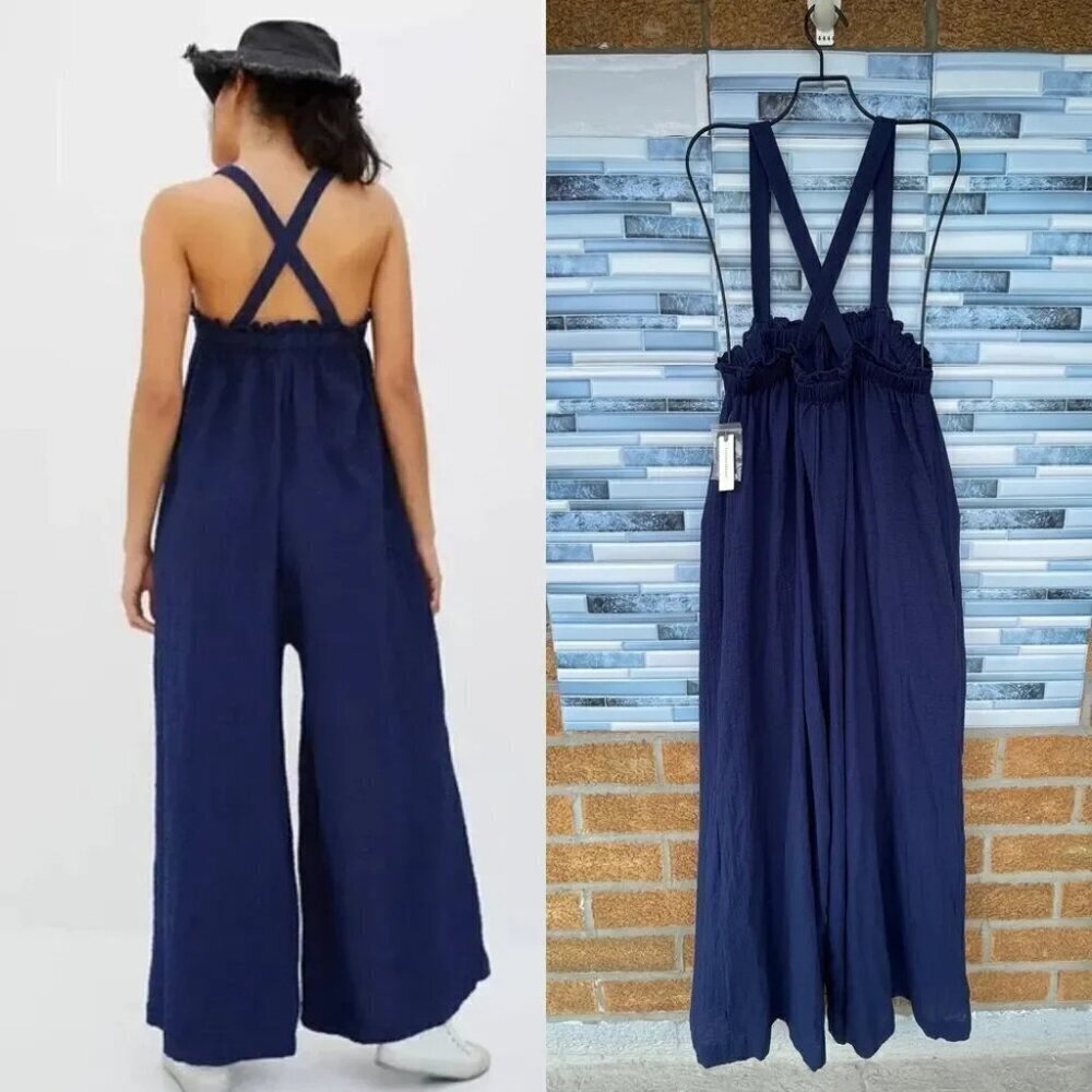 Anthropologie Navy Flowy Wide Leg Jumpsuit Xxs/xs - Picture 3 of 16